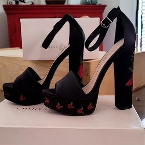 Chinese Laundry Amy Black Satin Embroidered Platform Heels